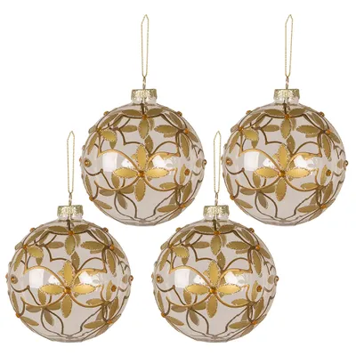 Image de Clayre & Eef Set de 4 boules de Noël Ø 10 cm Verre transparent Fleurs