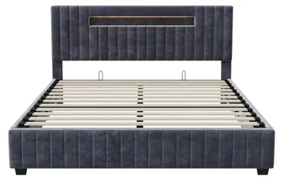 Produktbild von Polsterbett 140x200 cm - Doppelbett mit hydraulischem Bettkasten - LED Beleuchtung - Kopfteil mit Rückenlehne - Samtbezug - Grau - 300 kg Tragkraft