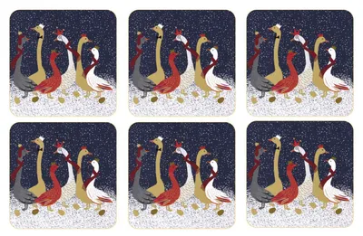 Untersetzer S/6, Gänse-Motiv, Blau/Gold, 6 Stück