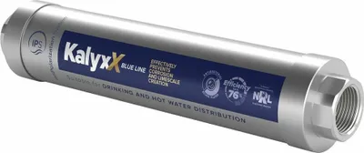 A silver water filter with a blue label.