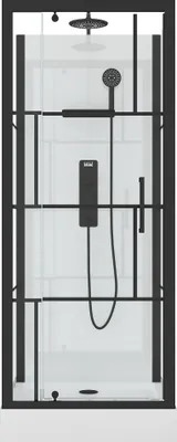 Image de Cabine de douche Carrée 80x80x213 cm - Porte pivotante - Fond Blanc et Profilés Noir Mat - RUBIQ