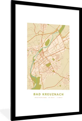 Produktbild von MuchoWow® Gerahmtes Poster Karte - Vintage - Stadtplan - Bad Kreuznach - Karte 60x90 cm - Poster mit Schwarzem Bilderrahmen Wandposter Rahmen Foto Bilder - Dekoration - Wandposter Wohnzimmer - Hochwertig