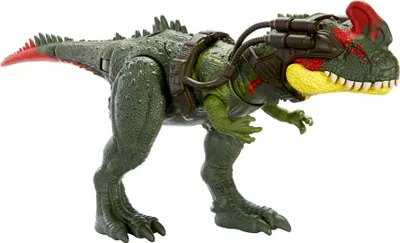 Produktbild von Jurassic World Stegosaurus Spielzeugfigur, New Large Trackers mit 2 Angriffsbewegungen, abnehmbarer Ausrüstung, AR-Funktionen, bewegliche Teile, Kunststoff, Grün Rot, B 34,5 cm, H 15,24 cm, T 10 cm, ab 4 Jahren, HLP25, Offene Schachtel