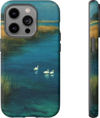 Produktbild von Blaue Lagune mit Schwänen und hohem Gras – Hülle Kompatibel mit iPhone 14 Pro