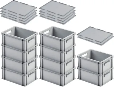 Produktbild von SuperSparSet 10x Eurobehälter mit offenem Griff & Auflagedeckel | HxBxT 17,5x30x40cm | 16 Liter | Grau | Eurobox, Transportbox, Transportbehälter, Stapelbehälter