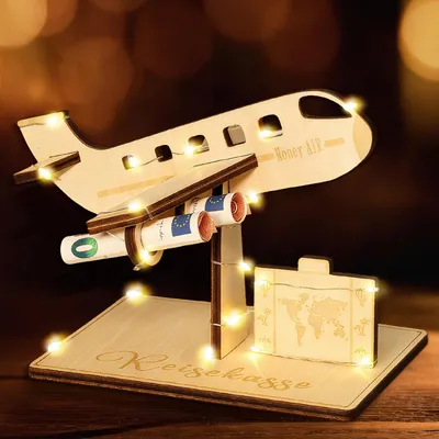 Produktbild von Holz-Spardose Flugzeug - Geldgeschenk-Verpackung für Reisekasse - Reisegutschein-Halter für Urlaub und Hochzeit