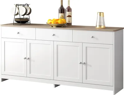 Produktbild von Sideboard mit Drei Schubladen Weißer Holzmaserung Kommode Mehrzweckschrank Vier Türen Wohnzimmer und Esszimmer Weiß