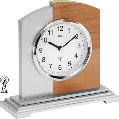 Produktbild von AMS 5146 Tischuhr Funk Funktischuhr analog modern silbern mit Kernbuche Optik