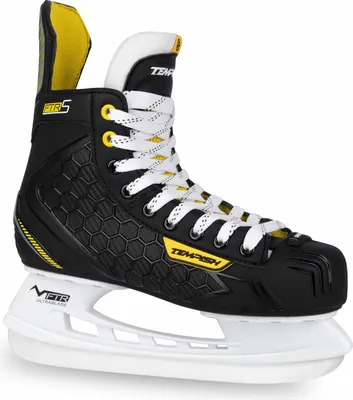 A single black and yellow hockey skate is shown against a white background.