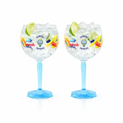 Produktbild von Bombay Sapphire Ballon Gläser 2er Set – Buntes Cocktail Glas mit Muster & eckigem Fuß | Original Gin Tonic Glas