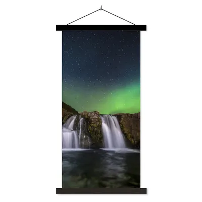 Produktbild von MuchoWow® Textilposter Nordlicht - Wasserfall - Island - Natur 60x120 cm mit schwarzem Rahmen - Magnete