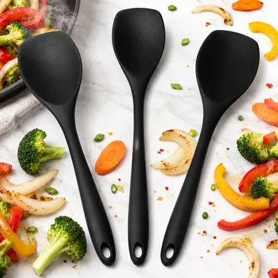 3er Set Silikon-Kochlöffel, schwarz, hitzebeständig, 27,5 cm