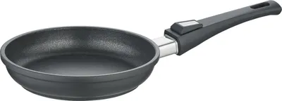 A black frying pan with a gray handle is shown against a white background.