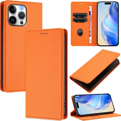 Produktbild von Litchi Leder Handyhülle für iPhone 16 Pro Max Wallet Kartenfächer Standfunktion Hülle Orange