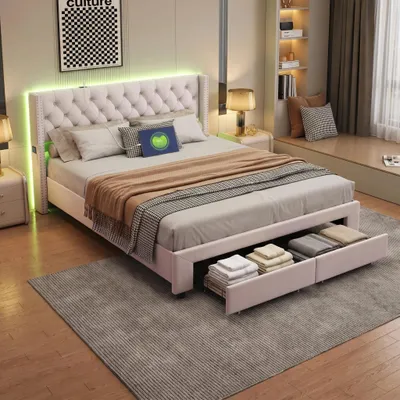 Produktbild von INONEFT Stauraumbett Polsterbett 140x190cm mit Stauraum, Doppelbett mit 2 Schubladen und USB, LED-Bettgestell mit Lattenrost, Jugendbett, Samt, Beige