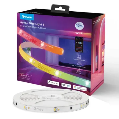 A product box for Govee LED strip lights, with the lights themselves partially unspooled in front of it.