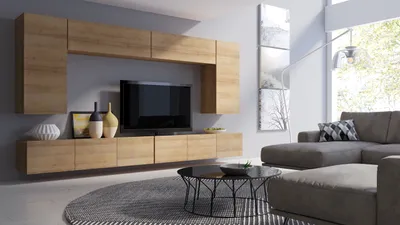 A modern living room with a wall-mounted entertainment unit, sectional sofa, and coffee table.