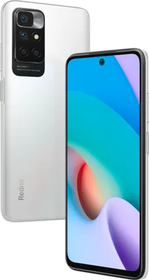 A white Xiaomi Redmi 10 smartphone is shown from the back and front, with the screen displaying a colorful abstract wallpaper.