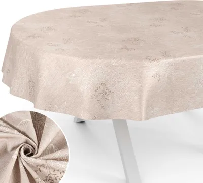 Produktbild von Tischdecke Hortensie aus Textil mit Blumen Pflanzen wasserabweisend Tischtuch Tischwäsche Aquarell Beige Oval Breite 140cm Länge 200cm mit Schnittkante