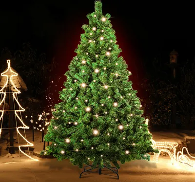 A decorated Christmas tree with lights at night, with other Christmas decorations in the background.