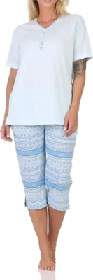 Produktbild von Normann Damen kurzarm Capri Schlafanzug Pyjama im Ethnolook - auch in Übergrössen ; hellblau1 , 36