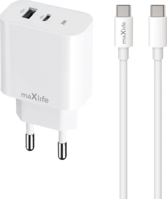 Zdjęcie produktu dla Maxlife Ładowarka Sieciowa Pd Qc Mxtc-06-30Ac 1X Usb-C 1X Usb 30W Biała + Kabel Usb-C - Usb-C 60W