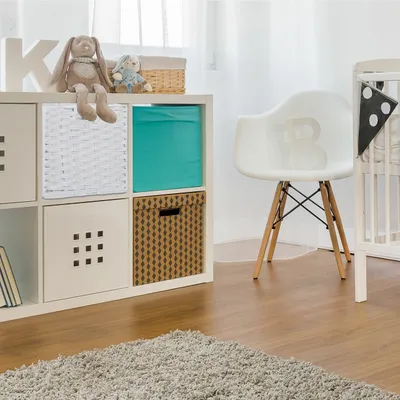 Produktbild von 4 x Aufbewahrungskorb, quadratischer PP-Korb für Bad und Kinderzimmer, Regalkorb geflochten, 31x32x30 cm, Korb, weiß
