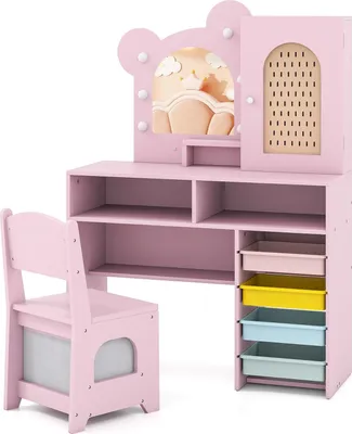 Produktbild von Kinderschminktisch - Frisiertisch in Bärenform - LED-Beleuchtung - Spiegel - Schrank/Aufbewahrung - Holz - Montage erforderlich - Rosa