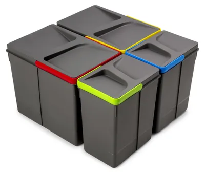Zdjęcie produktu dla Emuca Zestaw pojemników do recyklingu do szuflad kuchennych Recycle, wysokość 266 mm, 2x15 litrów, 2x7 litrów, Plastik, Szary antracytowy