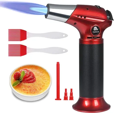 Produktbild von Kochbrenner / Flambierbrenner - Rot - Nachfüllbarer Butangasbrenner mit 3 Düsen - 2 Silikonbürsten - Zum Kochen - Für das Grillen