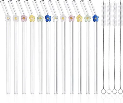 Productafbeelding van Herbruikbare glazen rietjes - Set van 12 - 20 cm × 8 mm schattig bloemen glazen rietje voor koffie - Milkshakes - Sappen