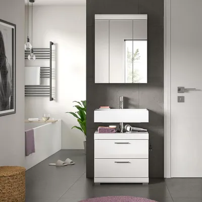 Produktbild von Badezimmer-Set 2-teilig in weiß mit weiß Hochglanz, mit Spiegelschrank - SIROCO-158
