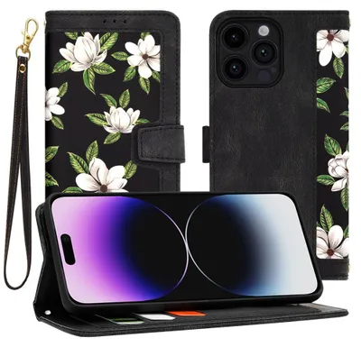 Produktbild von Techsuit FlipCraft Book Wallet Klapphülle mit Kabel für Apple iPhone 14 Pro Max - Flowers of the Dawn