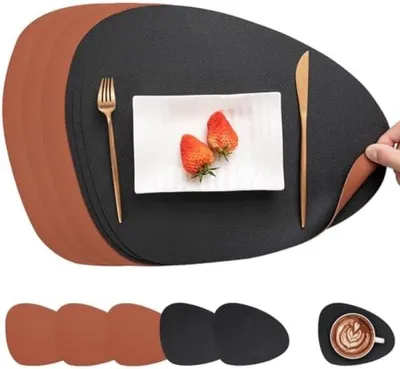 Produktbild von PolkaHome® Tischsets und Untersetzer Set aus 6 – Wasserdicht, doppelseitig, rutschfest, 33 x 40,5 cm, Schwarz
