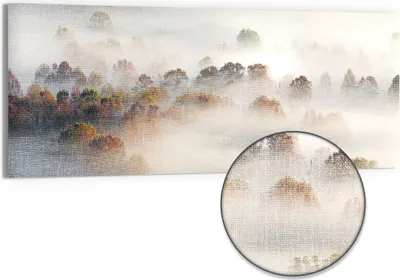 Produktbild von DEQORI Hybrid Leinwand Bild 150x60 cm 'Morgendlicher Nebelwald' Wandbild Glas flach modern