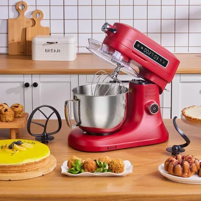 Küchenmaschine 1600W, 5,7L Edelstahl-Schüssel, rot