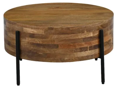 Couchtisch Mango 70 cm mit runder Massivholzplatte in Natur und schwarzen Metallbeinen, Gesamtansicht.