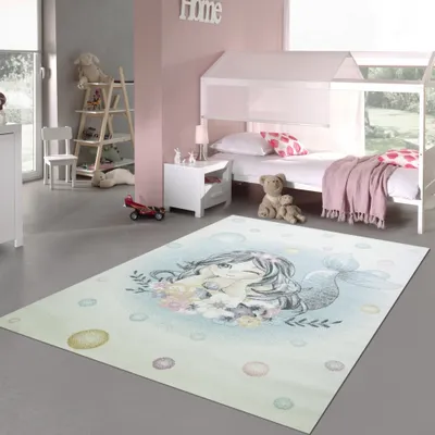 Obrázok produktu pre Koberec na hranie do detskej izby - morská panna vodné bubliny tyrkysová krémová veľkosť - 200 x 290 cm