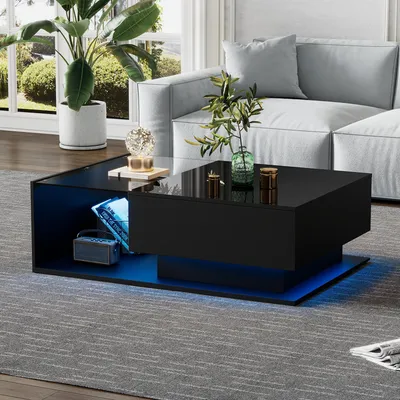 Produktbild von MODFU Couchtisch Wohnzimmertisch LED-Hochglanz-Desktop für Wohnzimmer, Schlafzimmer, Beistelltisch Rechteckiger mit Glasplatte und Schubladen, Schwarz