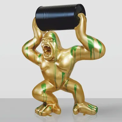 Produktbild von Casa Padrino XXL Deko Skulptur Gorilla mit Fass Gold / Grün / Schwarz H. 240 cm