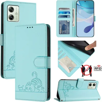 Obrázek produktu pro Kožené pouzdro pro Motorola Moto G14/Moto G54, sladká kočka Flip pouzdro s funkcí stojánku a peněženkou světle zelená