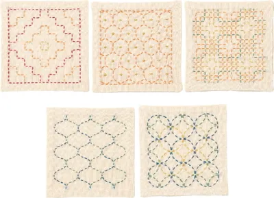 Immagine prodotto di Confezione da ricamo Olympus Sashiko "Set di 5 sottobicchieri", tessuto stampato, 10x10cm, originale dal Giappone