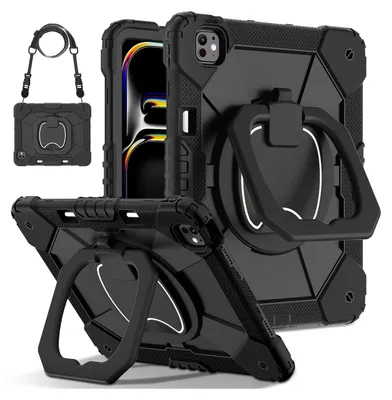 Produktbild von Für Apple iPad Pro 13 2024 Hybrid 360 Grad Tasche Hülle mit Schultergurt Schwarz