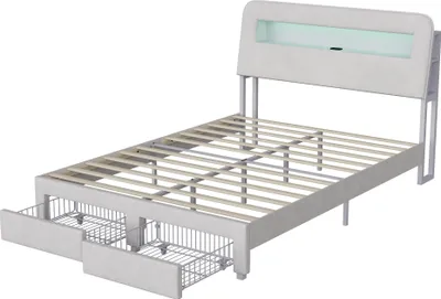 Image de Fortuna Lai Lit rembourré 140x200 cm avec espace de rangement, éclairage LED et prises de charge - velours, beige, 2 tiroirs