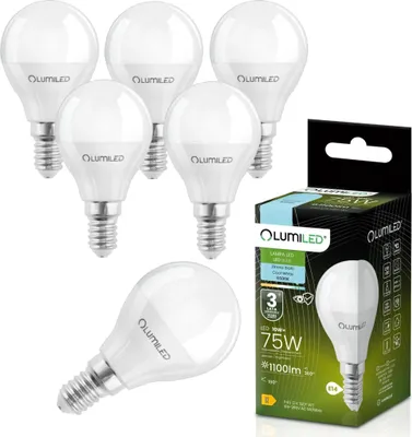 Obrázok produktu pre LUMILED LED žiarovka 6 ks sada E14 P45 10W nahrádza 75W 1100lm 6500K Studená biela 230V 180° uhol vyžarovania Nestmievateľné Úsporné LED žiarovky v tvare kvapky v malom guľovitom tvare