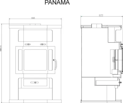 Technical drawings of a fireplace, showing front and side views with dimensions.