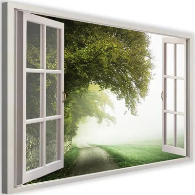 Obrázok produktu pre Obraz na plátne pohľad z okna na strom hmla 120x80 cm Feeby zelená maľba na stenu pripravené na zavesenie