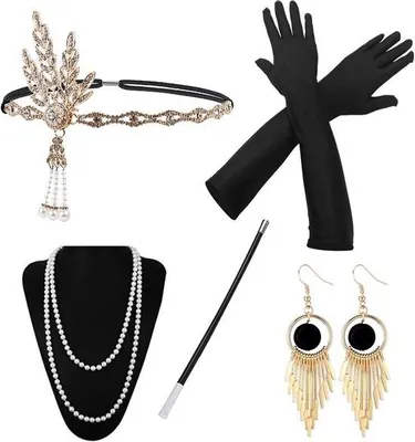 Immagine prodotto di Set da flapper anni '20 in stile Gatsby, composto da 5 pezzi, colore nero: fascia per capelli, guanti lunghi in raso, collana di perle extra lunga, orecchini e porta sigarette