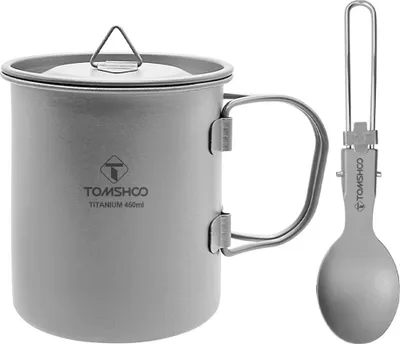 Zdjęcie produktu dla Kubek do kawy ze stopu tytanu z pokrywką, kubek kempingowy ze składanym uchwytem, ultralekki kubek na wodę (kubek 450 ml z pokrywką + składana łyżeczka)
