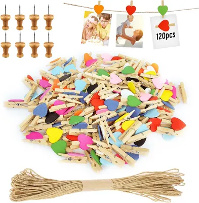 Immagine prodotto di Mini graffette in legno a forma di cuore, 120 pezzi, 10 metri di corda di iuta, ideali per foto e decorazioni
